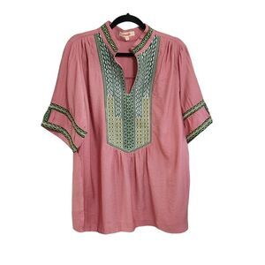 Mazik pink green & gold embroidered v-neck top sz M Boho Country Western